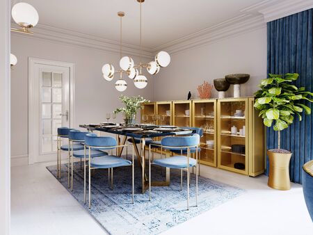Fashionable designer dining table, black countertop, blue chairs, yellow furniture, dining area with kitchen multi-colored meel. 3D rendering.の写真素材