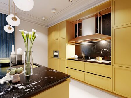 Fashionable and modern kitchen in yellow with a kitchen island and bar stools. Inter in blue and yellow. 3D rendering.
の写真素材