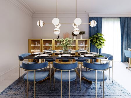 Fashionable designer dining table, black countertop, blue chairs, yellow furniture, dining area with kitchen multi-colored meel. 3D rendering.の写真素材