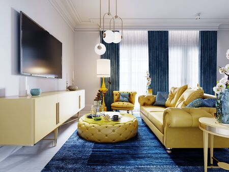 Luxurious fashionable living room with yellow upholstered furniture and blue carpet and decor, white walls. 3D renderingの写真素材
