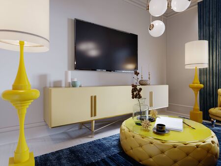 TV on the wall with a TV stand and two floor lamps on the sides, a soft coffee table, a living room in white and yellow colors. 3D rendering.の写真素材