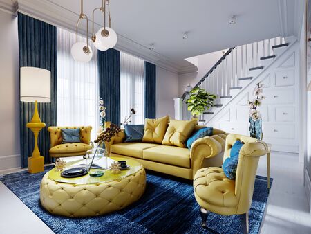 Luxurious fashionable living room with yellow upholstered furniture and blue carpet and decor, white walls. 3D renderingの写真素材