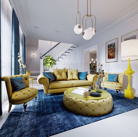 Luxurious fashionable living room with yellow upholstered furniture and blue carpet and decor, white walls. 3D renderingの写真素材