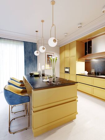 Fashionable and modern kitchen in yellow with a kitchen island and bar stools. Inter in blue and yellow. 3D rendering.
の写真素材