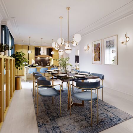 Fashionable designer dining table, black countertop, blue chairs, yellow furniture, dining area with kitchen multi-colored meel. 3D rendering.の写真素材