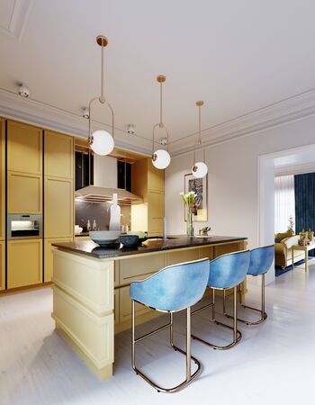 Fashionable and modern kitchen in yellow with a kitchen island and bar stools. Inter in blue and yellow. 3D rendering.
の写真素材