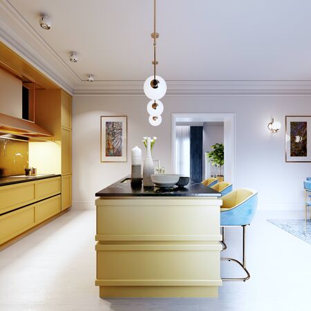 Fashionable and modern kitchen in yellow with a kitchen island and bar stools. Inter in blue and yellow. 3D rendering.
の写真素材