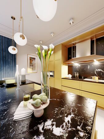 Fashionable and modern kitchen in yellow with a kitchen island and bar stools. Inter in blue and yellow. 3D rendering.
の写真素材