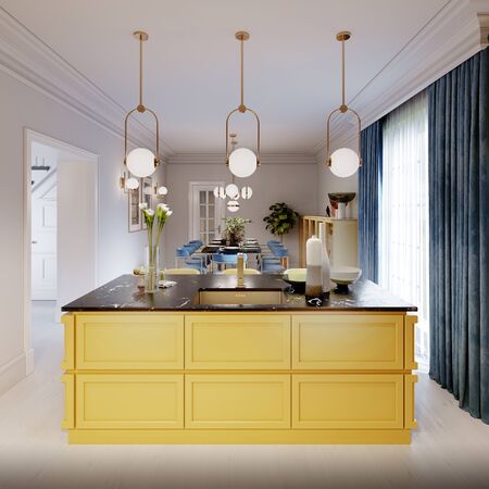 Modern kitchen island in yellow kitchen with pendant lamp over, yellow furniture black countertop. 3D rendering.の写真素材