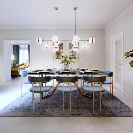 Fashionable designer dining table, black countertop, blue chairs, yellow furniture, dining area with kitchen multi-colored meel. 3D rendering.の写真素材
