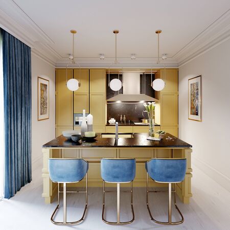 Bar counter yellow color and bar stools blue color, modern design of colorful kitchen. 3D rendering.の写真素材