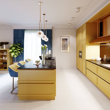 Fashionable and modern kitchen in yellow with a kitchen island and bar stools. Inter in blue and yellow. 3D rendering.
の写真素材