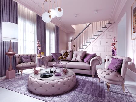 Modern art deco living room in lilac color with fashionable upholstered furniture, tv stand, console, magazine table with decor. 3D rendering.の写真素材