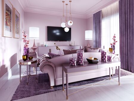 Modern art deco living room in lilac color with fashionable upholstered furniture, tv stand, console, magazine table with decor. 3D rendering.の写真素材