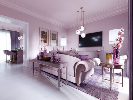 Modern art deco living room in lilac color with fashionable upholstered furniture, tv stand, console, magazine table with decor. 3D rendering.の写真素材