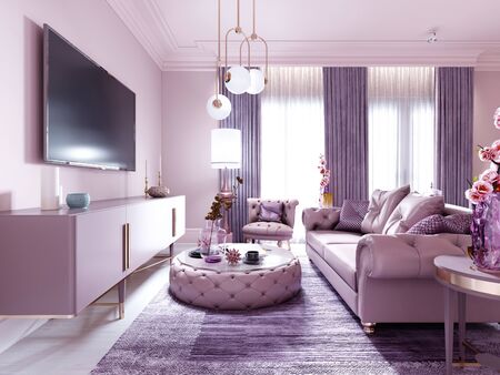 Modern art deco living room in lilac color with fashionable upholstered furniture, tv stand, console, magazine table with decor. 3D rendering.の写真素材