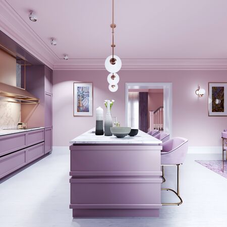 Fashionable kitchen in a trend style lilac color furniture and modern design. 3D rendering.の写真素材
