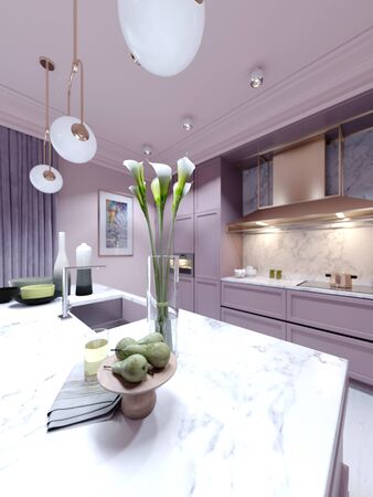 Glass vase with calla flowers and a wooden plate with pears on the kitchen table. Marble countertop with decor. 3D rendering.の写真素材