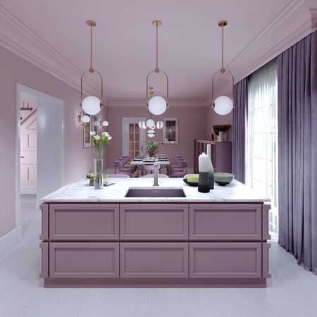 Kitchen island lilac color in trendy country style with light over and decor. 3D rendering.の写真素材