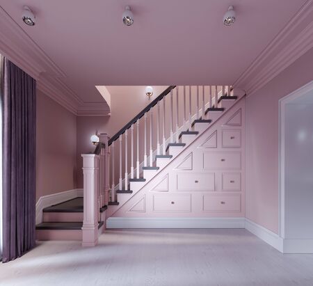 Hall corridor with stairs in the living room, color lilac interior. 3D rendering.の写真素材