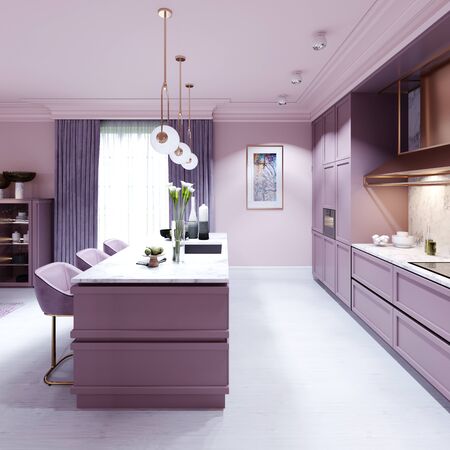 Fashionable kitchen in a trend style lilac color furniture and modern design. 3D rendering.の写真素材