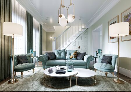 Luxurious fashionable living room with a soft sofa, an armchair, a TV unit and a console with decor and a beautiful floor lamp. Interior in mint colors. 3D rendering.の写真素材
