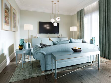 Luxurious fashionable living room with a soft sofa, an armchair, a TV unit and a console with decor and a beautiful floor lamp. Interior in mint colors. 3D rendering.の写真素材