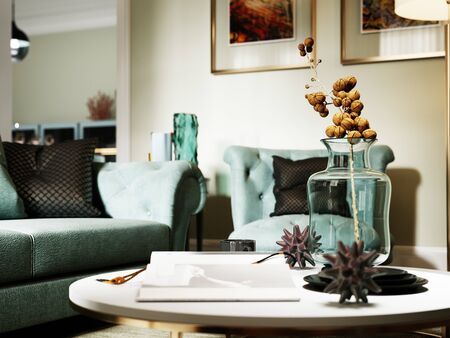A coffee table with decor, a glass vase with a flower and an open book. 3D rendering.の写真素材