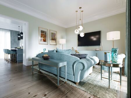 Luxurious fashionable living room with a soft sofa, an armchair, a TV unit and a console with decor and a beautiful floor lamp. Interior in mint colors. 3D rendering.の写真素材