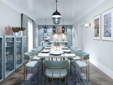 Fashionable dining room design with dining table and chairs for eight. Dining room interior in mint colors. 3D rendering.の写真素材