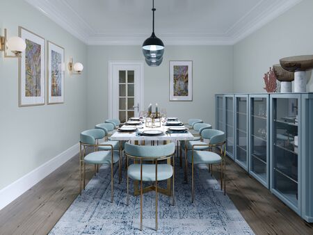 Fashionable dining room design with dining table and chairs for eight. Dining room interior in mint colors. 3D rendering.の写真素材