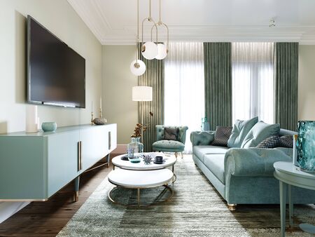 Luxurious fashionable living room with a soft sofa, an armchair, a TV unit and a console with decor and a beautiful floor lamp. Interior in mint colors. 3D rendering.の写真素材
