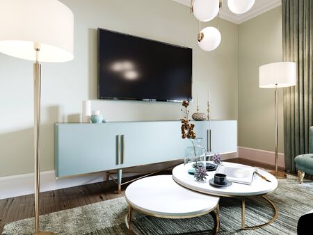 TV on the wall above the console with decor and two floor lamps. Living room interior in art deco style. 3D rendering.の写真素材