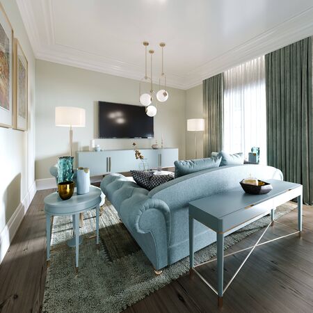 Luxurious fashionable living room with a soft sofa, an armchair, a TV unit and a console with decor and a beautiful floor lamp. Interior in mint colors. 3D rendering.の写真素材