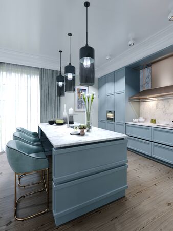 Modern trendy kitchen with light blue faded coral color furniture. 3D rendering.の写真素材