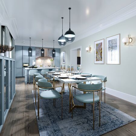 Fashionable dining room design with dining table and chairs for eight. Dining room interior in mint colors. 3D rendering.の写真素材