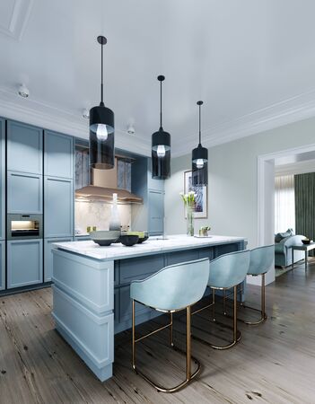 kitchen bar counter color faded coral with soft chairs. 3D rendering.の写真素材