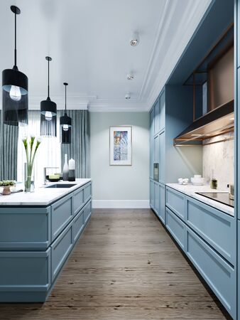 Modern trendy kitchen with light blue faded coral color furniture. 3D rendering.の写真素材