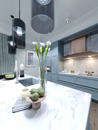 Decor on a marble table in the kitchen, a glass vase with a flower and a wooden plate with a pear. 3D rendering.の写真素材