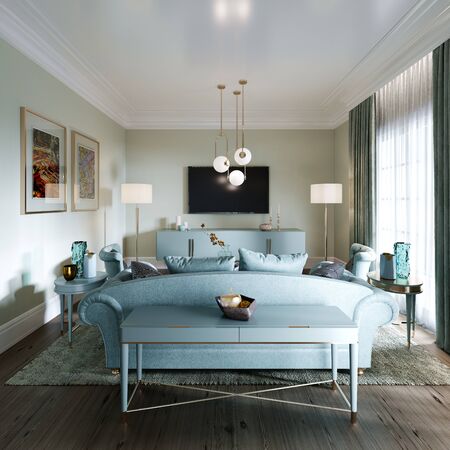 Luxurious fashionable living room with a soft sofa, an armchair, a TV unit and a console with decor and a beautiful floor lamp. Interior in mint colors. 3D rendering.の写真素材