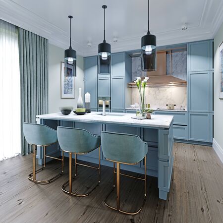 kitchen bar counter color faded coral with soft chairs. 3D rendering.の写真素材