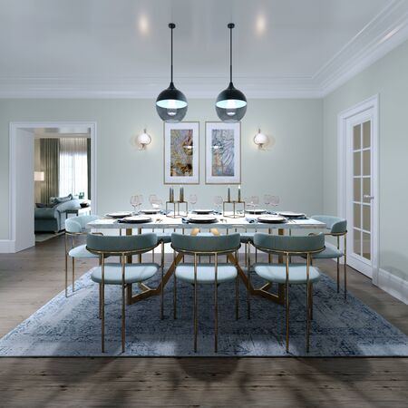 Fashionable dining room design with dining table and chairs for eight. Dining room interior in mint colors. 3D rendering.の写真素材