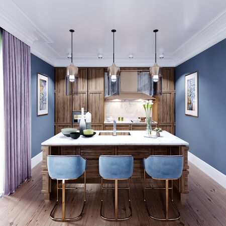 Bar counter with three chairs in the kitchen. 3D renderingの写真素材