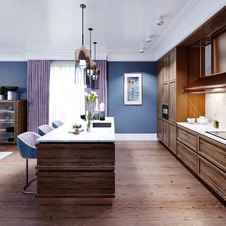 Fashionable designer kitchen with an island with a marble working surface, a kitchen in blue and brown colors, wooden furniture. 3D rendering.の写真素材