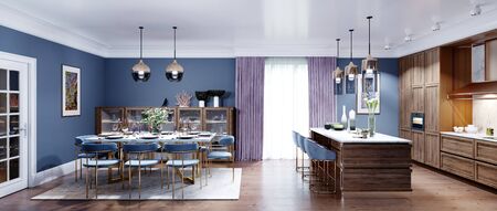 Large kitchen with dining room in a luxurious fashionable design, blue walls with brown wooden furniture. 3D renderingの写真素材