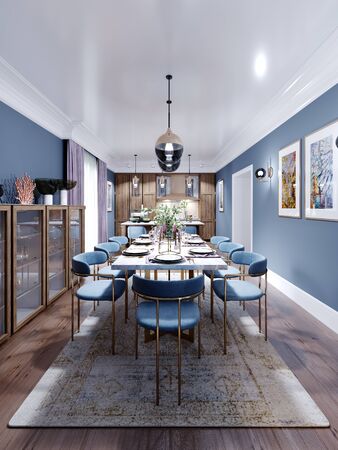 Large dining and dining room table, with a kitchen in a fashionable modern design, wooden furniture, interior in brown and blue. 3D rendering.の写真素材