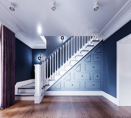White stairs with railings to the second floor, lockers under the stairs, blue walls. 3D rendering.の写真素材