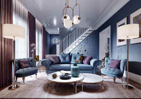 Luxurious living room in art deco style in a fashionable design, blue, brown, burgundy color. 3D rendering.の写真素材