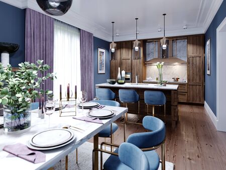 Large dining and dining room table, with a kitchen in a fashionable modern design, wooden furniture, interior in brown and blue. 3D rendering.の写真素材