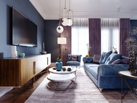 Luxurious living room in art deco style in a fashionable design, blue, brown, burgundy color. 3D rendering.の写真素材